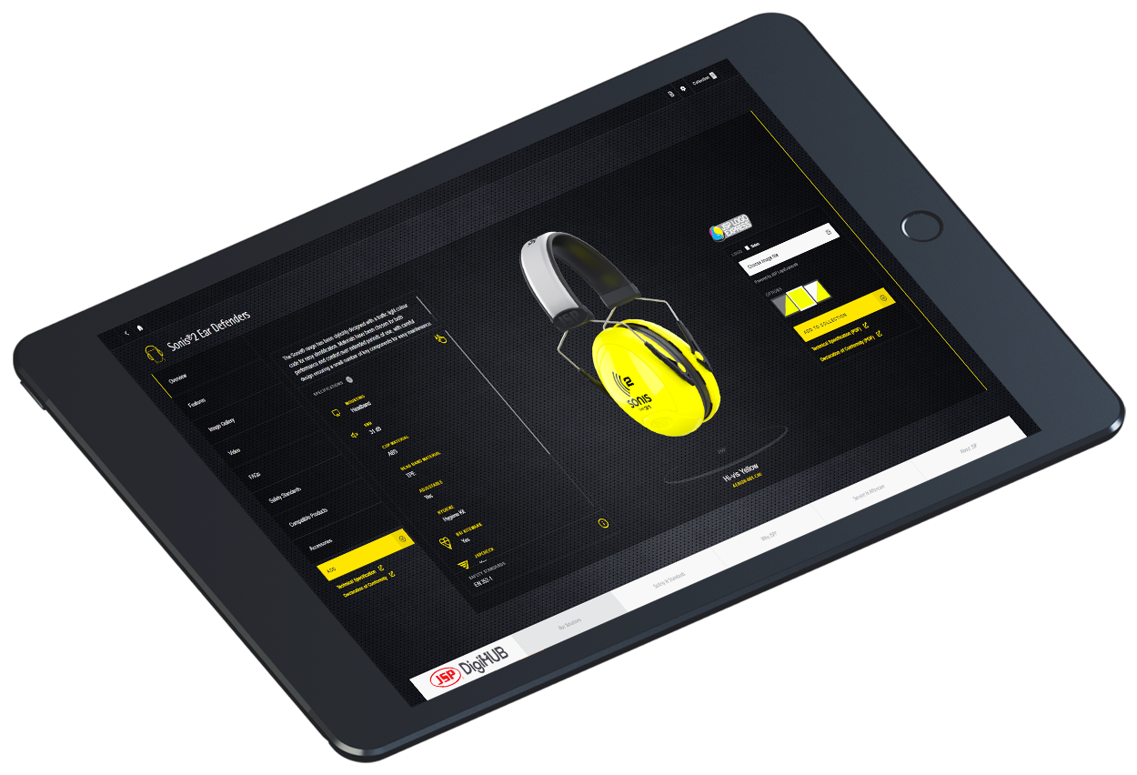 Black iPad displaying JSP DigiHUB interactive touchscreen presentation showing Sonis2 Ear Defenders