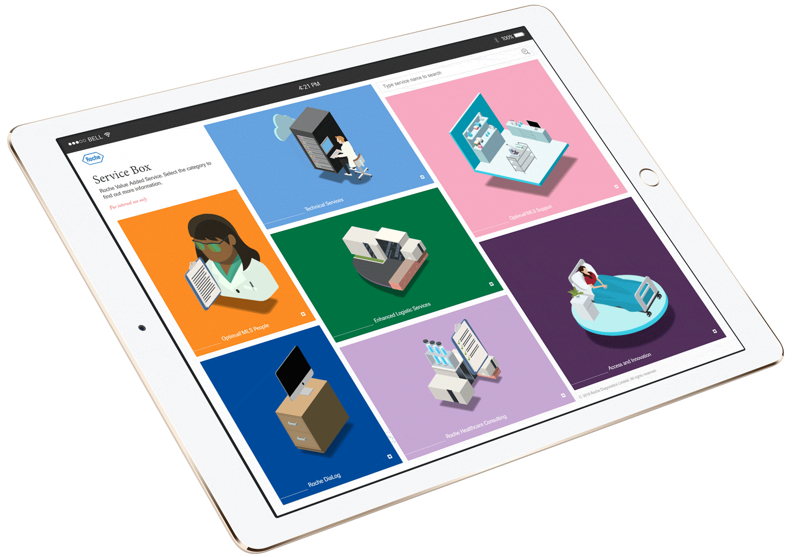 Black iPad displaying Roche interactive touchscreen presentation showing illustrations of hospital envrionment