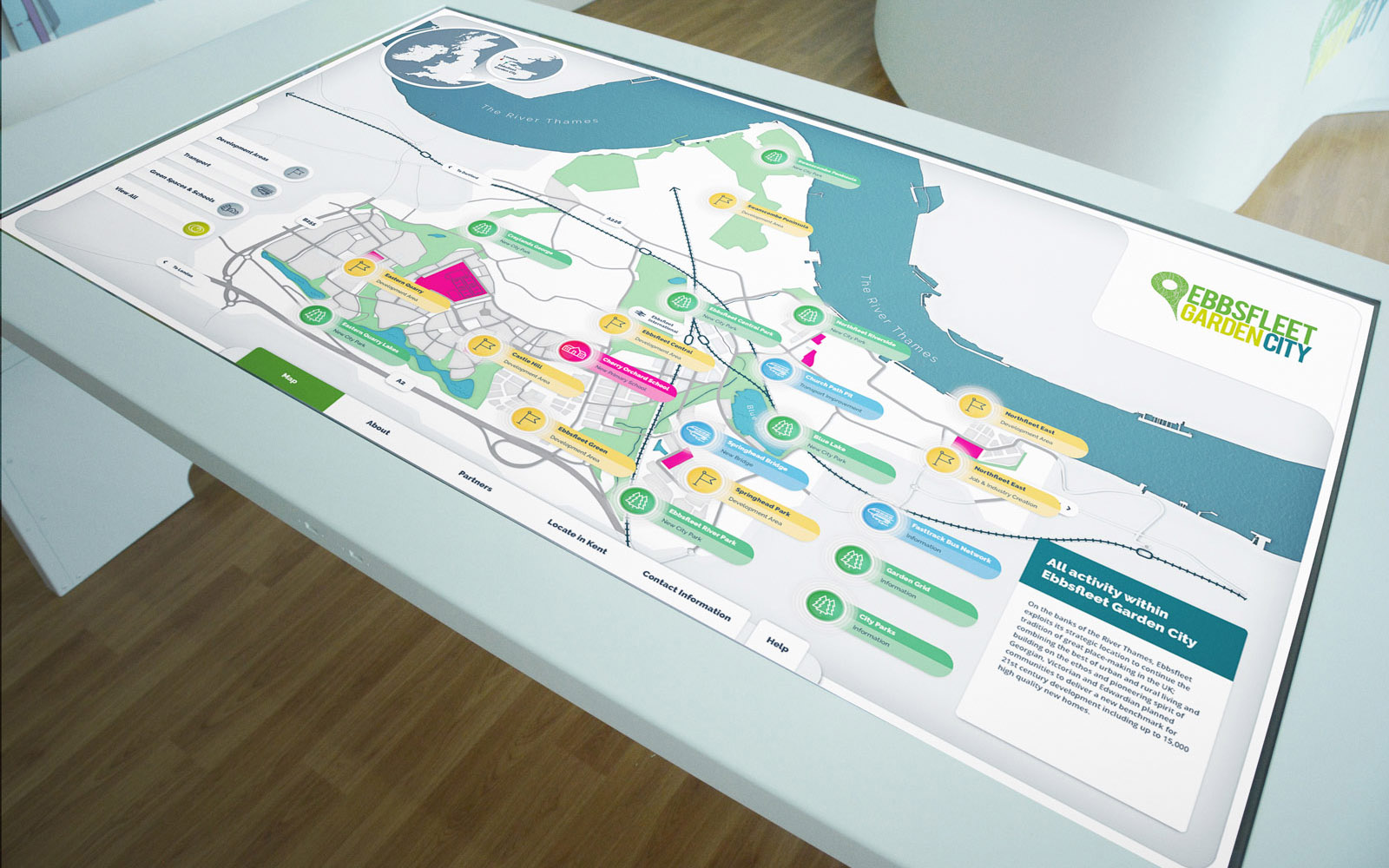 Ebbsfleet interactive map displayed on large touchscreen white monitor